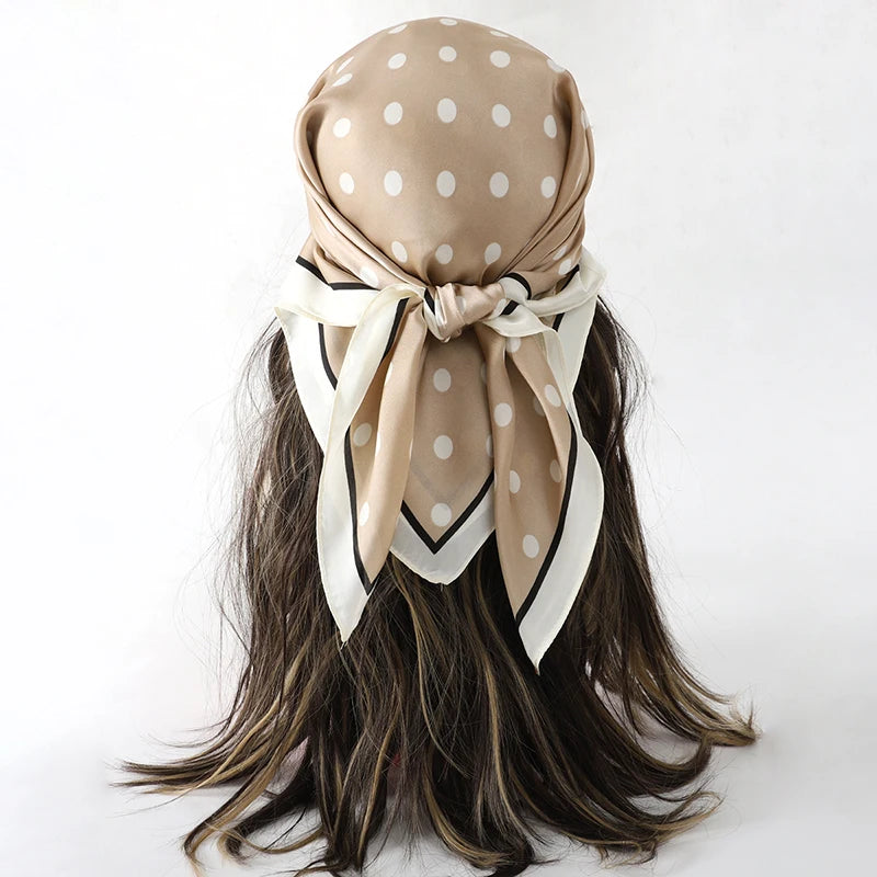 Brown White Bohemian Satin Head Wrap Square Silk Scarf