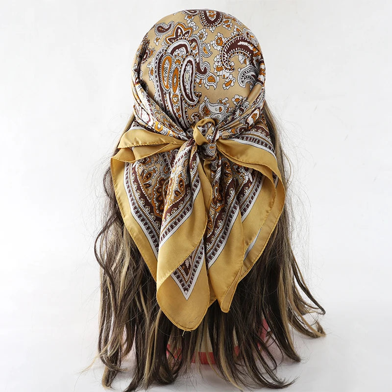 Gold Bohemian Satin Head Wrap Square Silk Scarf