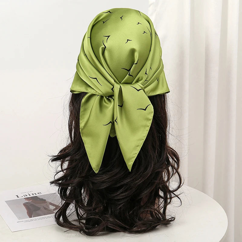 Green Bohemian Satin Head Wrap Square Silk Scarf