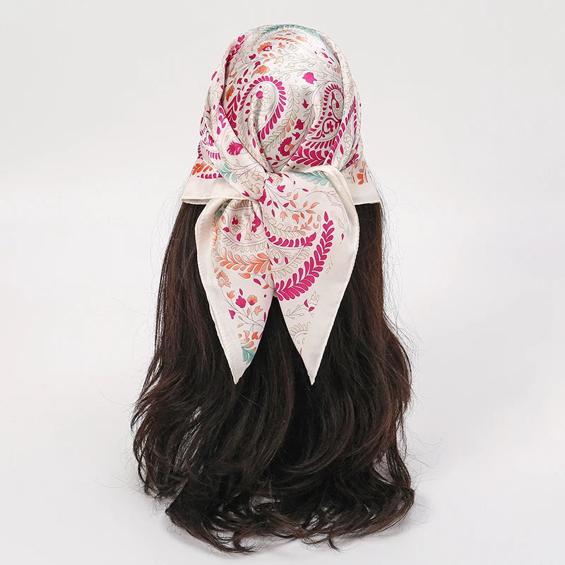 White Pink Bohemian Satin Head Wrap Square Silk Scarf