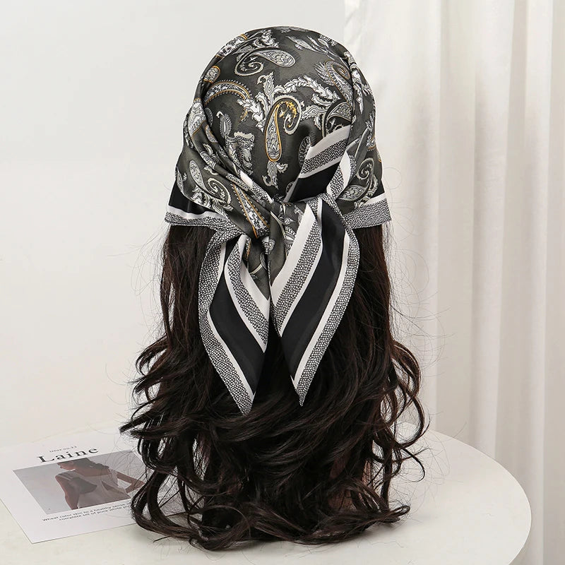 Gray Bohemian Satin Head Wrap Square Silk Scarf