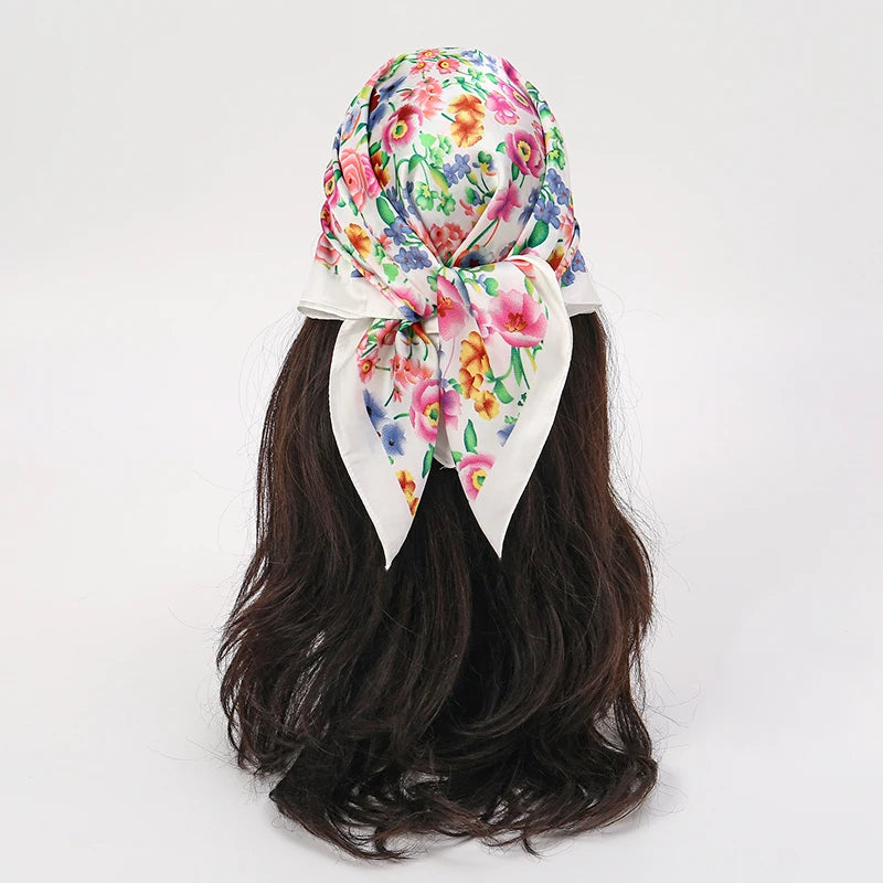 Multicolor Bohemian Satin Head Wrap Square Silk Scarf