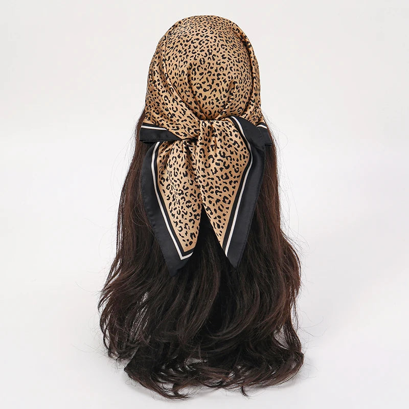 Brown Black Bohemian Satin Head Wrap Square Silk Scarf