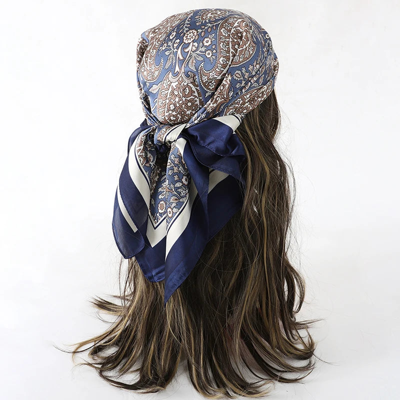 Blue Gray Bohemian Satin Head Wrap Square Silk Scarf
