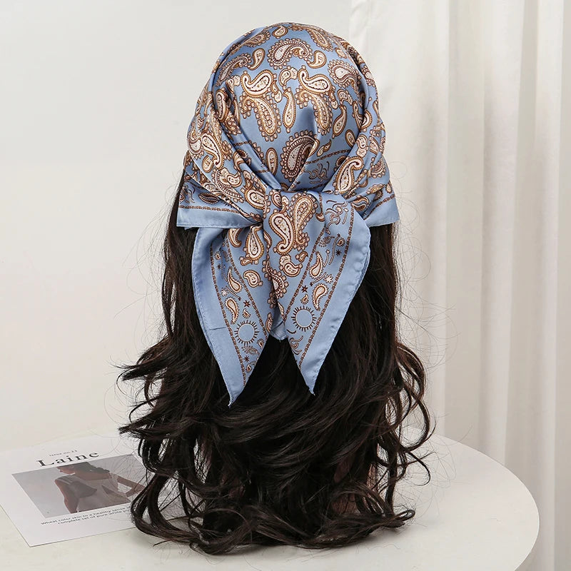 Blue Gray Bohemian Satin Head Wrap Square Silk Scarf