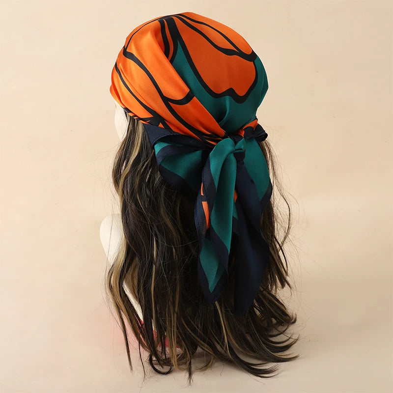 Green Orange Bohemian Satin Head Wrap Square Silk Scarf