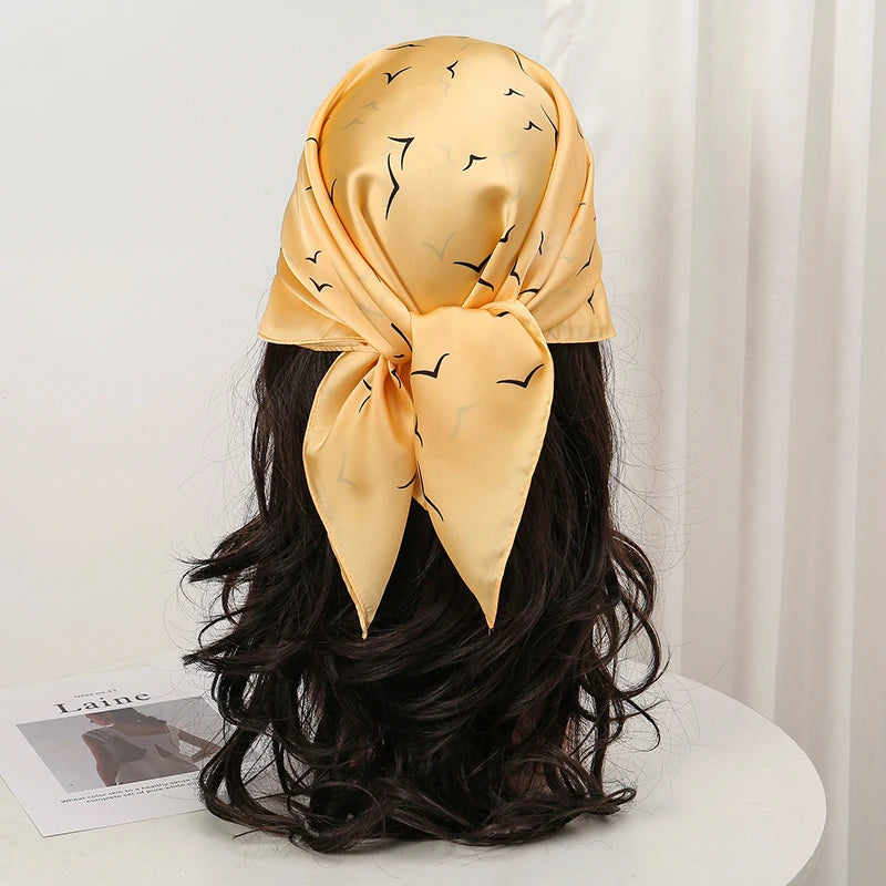 Yellow Bohemian Satin Head Wrap Square Silk Scarf