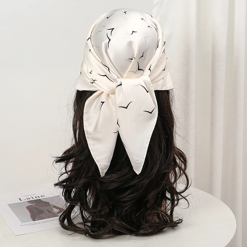 white Bohemian Satin Head Wrap Square Silk Scarf