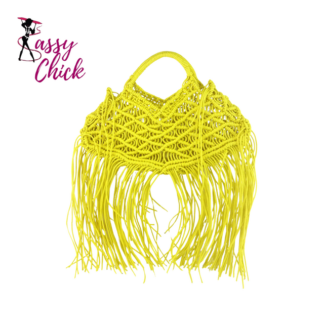 yellow fishnet bag sassy chick logo