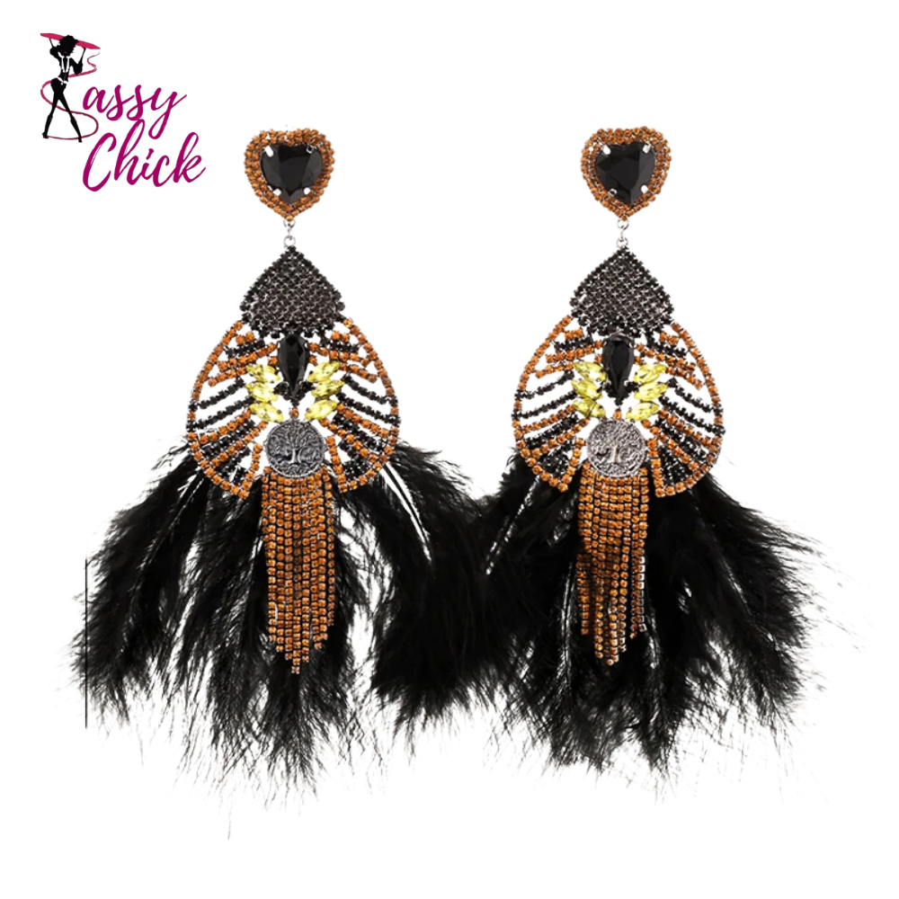 Boho-Chic Statement Feather Drag Earrings Sassy Chick Logo