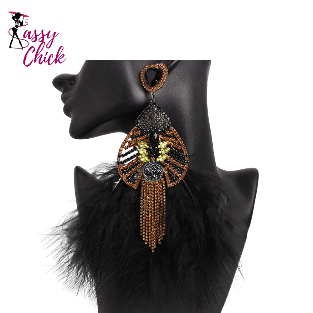 Boho-Chic Statement Feather Drag Earrings Sassy Chick Logo