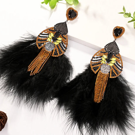 black Boho-Chic Statement Feather Drag Earrings