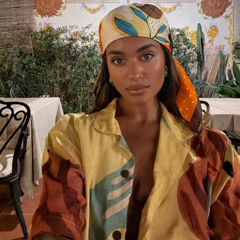Model Using Boho Abstract Floral Satin Silk Lightweight Bandana