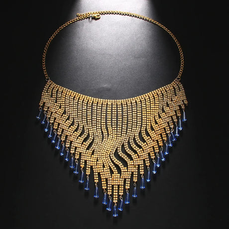 Gold Boho Blue Rhinestone Tassel Headpiece