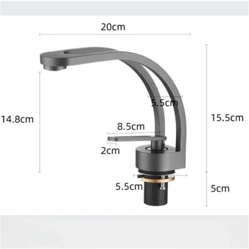 Brass bathroom basin mixer faucet with single handle. Dimension