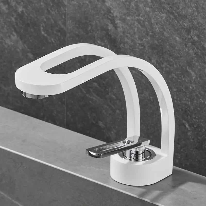 Brass bathroom basin mixer faucet with single handle in white