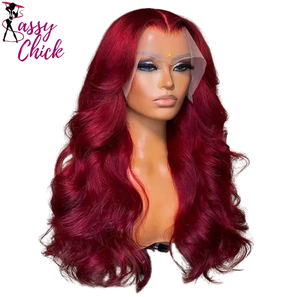 Brazilian  Burgundy Colored Transparent Lace Front Wigs Sassy Chick Logo