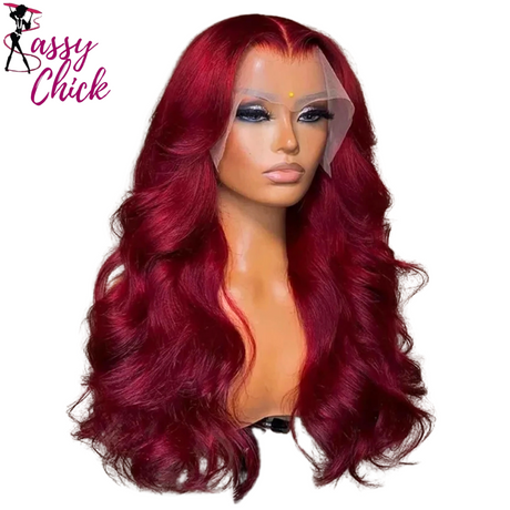 Brazilian  Burgundy Colored Transparent Lace Front Wigs Sassy Chick Logo