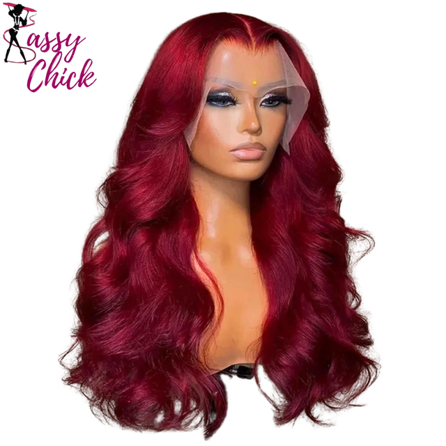 Brazilian  Burgundy Colored Transparent Lace Front Wigs Sassy Chick Logo