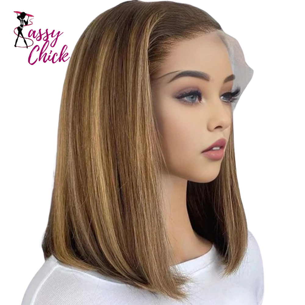 Brazilian Remy Short Straight Bob Human Hair Lace Wig Sassy Chick Logo