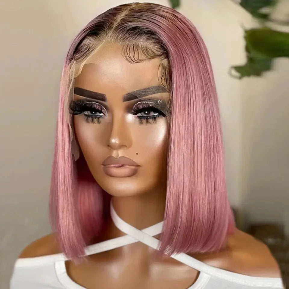 Pink Brazilian Remy Short Straight Bob Human Hair Lace Wig