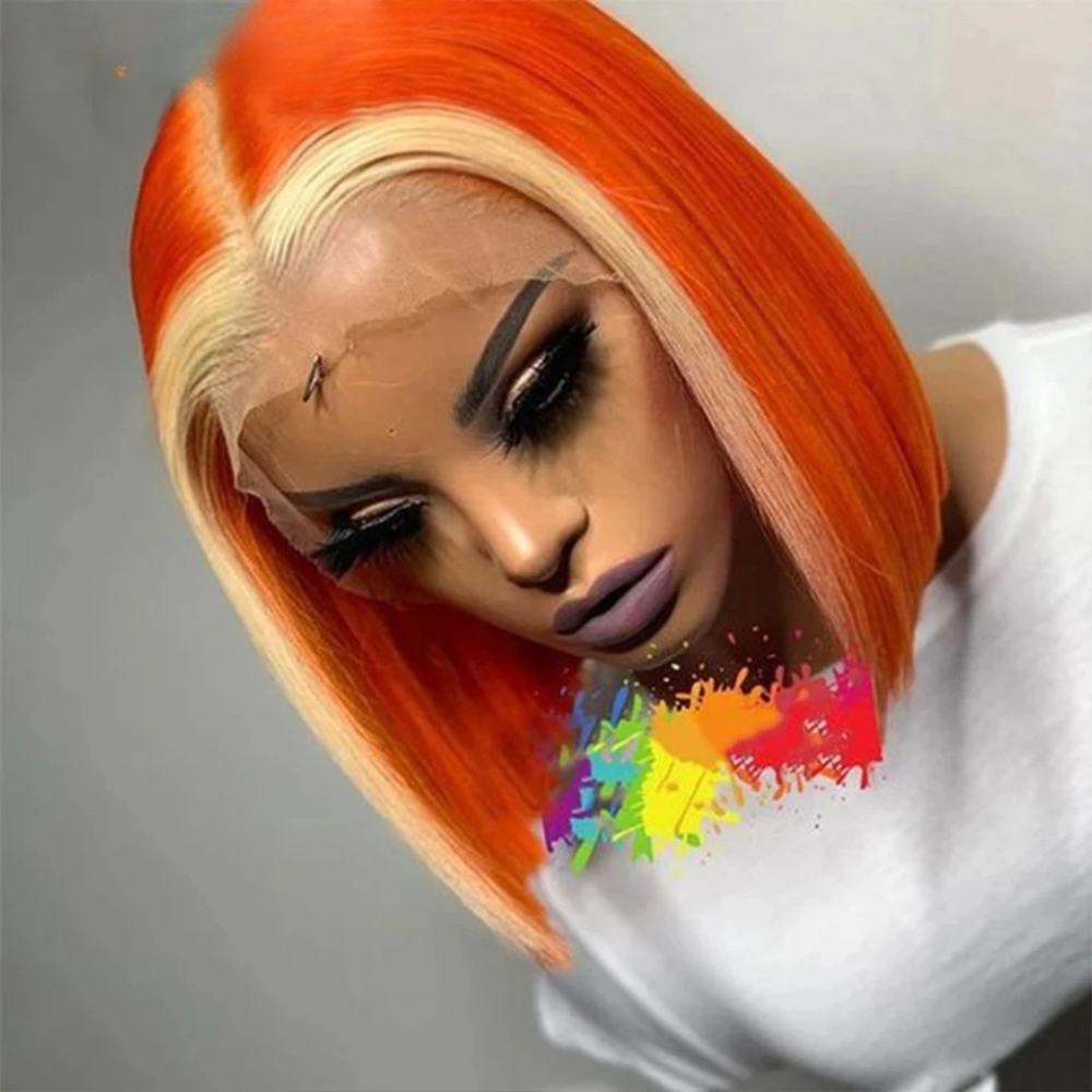 Orange Brazilian Remy Short Straight Bob Human Hair Lace Wig