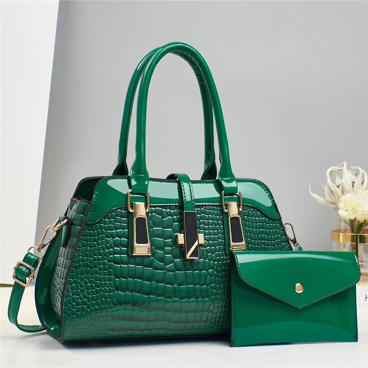 Green Bright Crocodile Leather Purse And Shoulder Bag