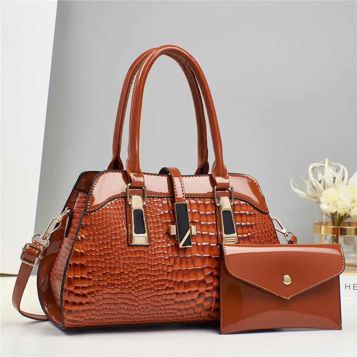 Brown Bright Crocodile Leather Purse And Shoulder Bag