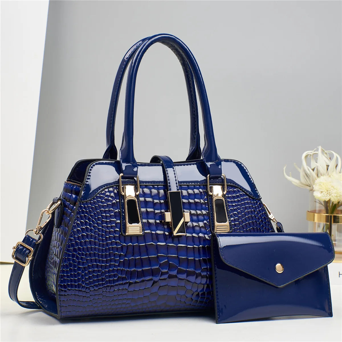 blue Bright Crocodile Leather Purse And Shoulder Bag