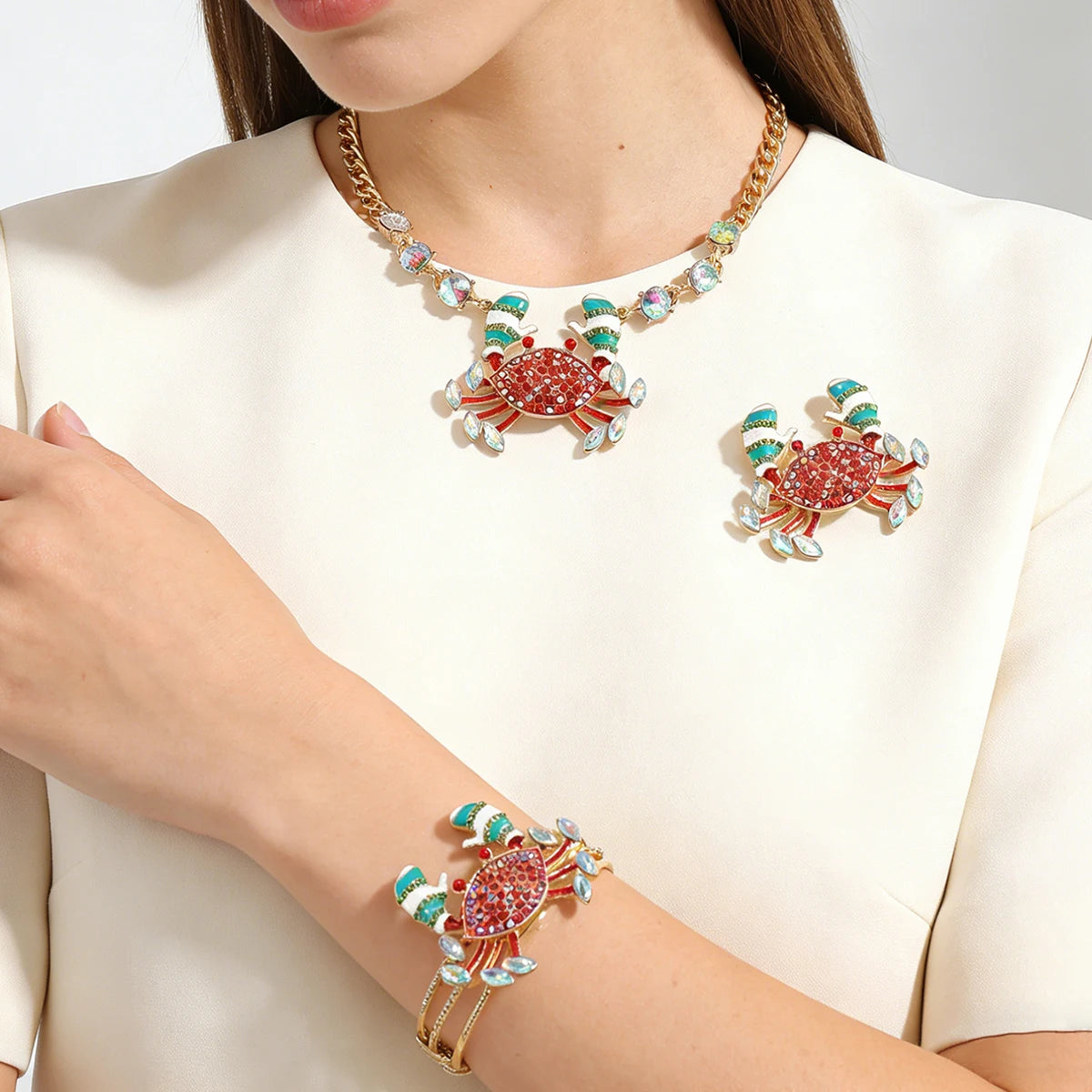 Brooch Rhinestone Inlaid Enamel Crab Necklace Bracelet