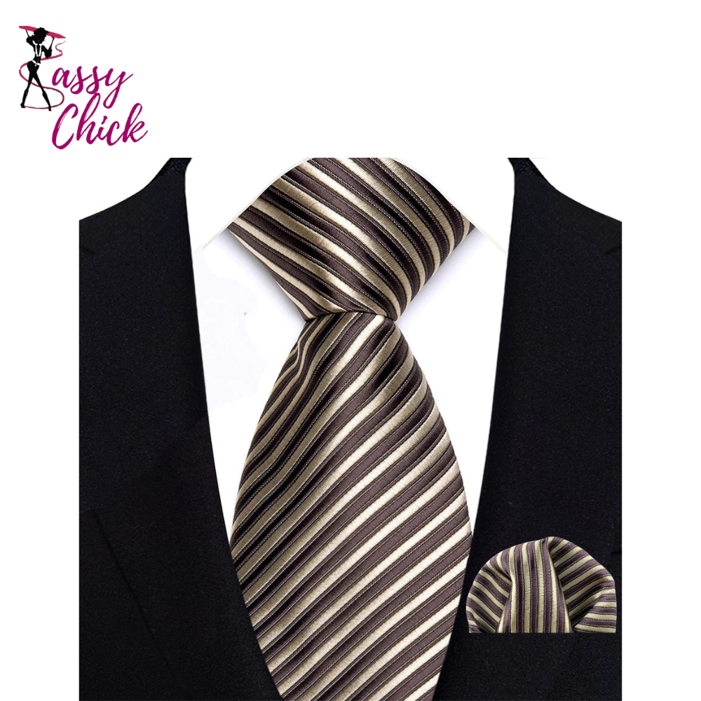 Brown Striped Paisley Jacquard Necktie Handkerchief Set Sassy Chick Logo