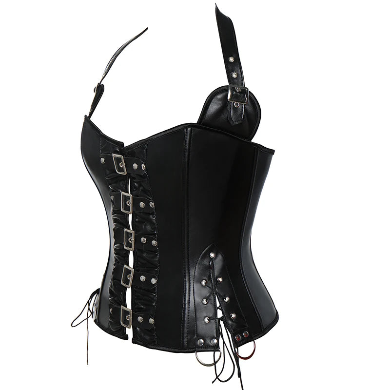 Buckles Steel Boned Steampunk Leather Corset Black Side View