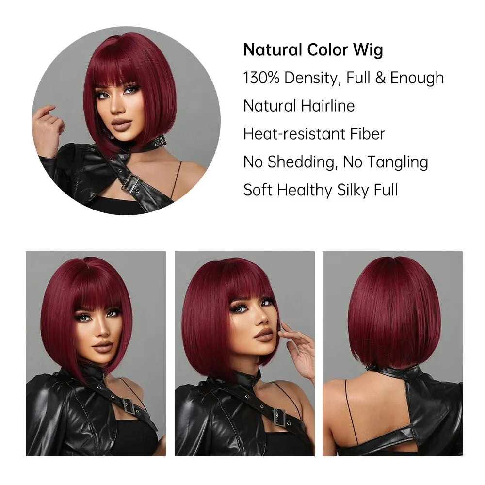 Burgundy Bob Bob Synthetic Wig with Bangs