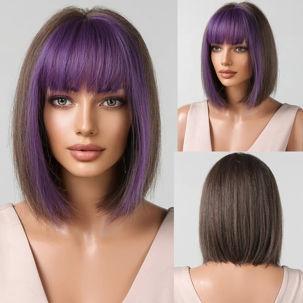 Purple Bob Bob Synthetic Wig with Bangs