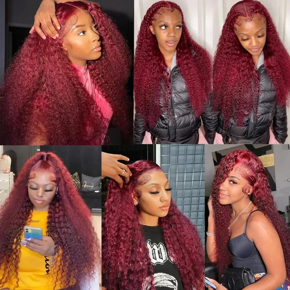 model using Burgundy Deep Wave Lace Curly Human Hair Wigs