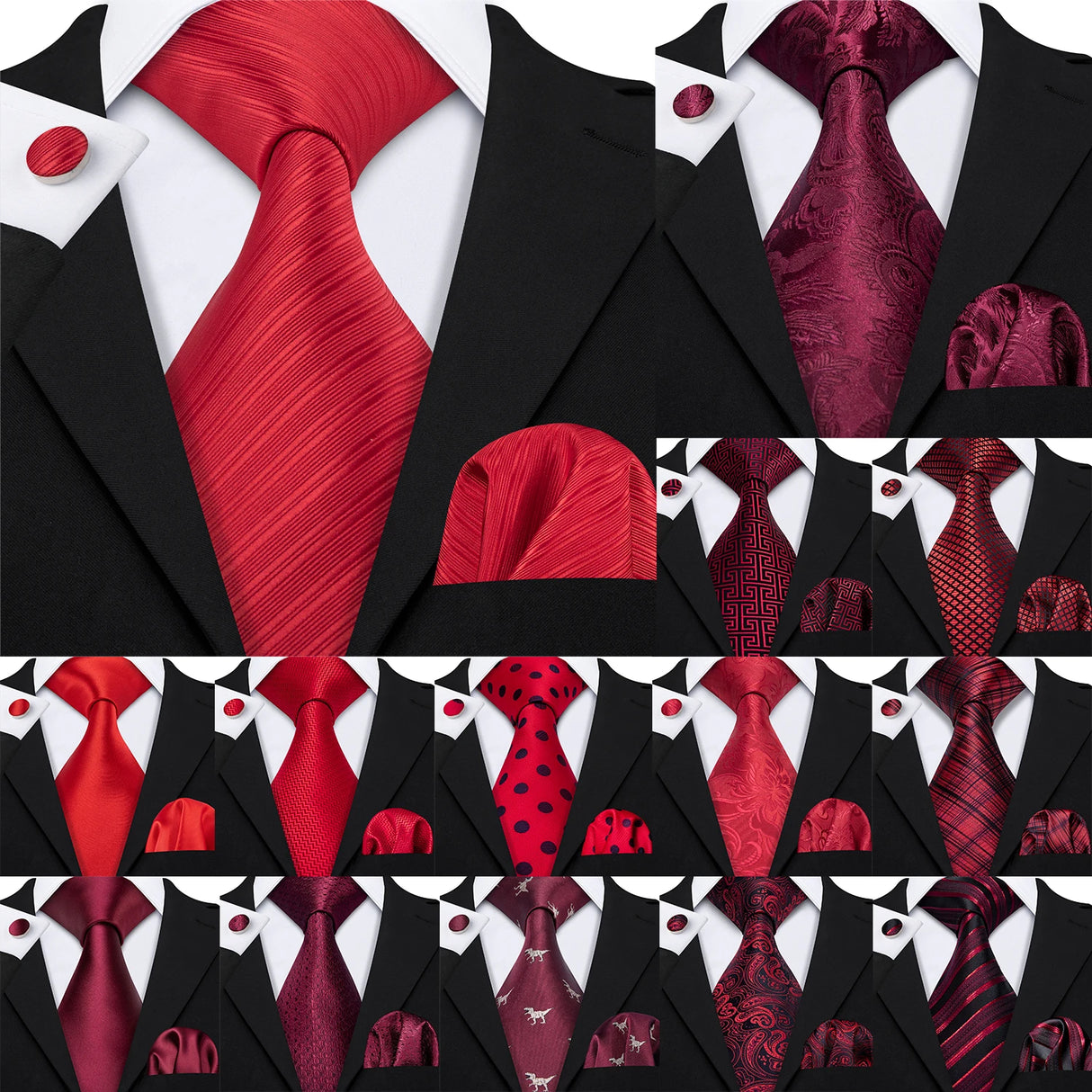 Collection of Burgundy Maroon Rose Jacquard Hanky Cufflinks Necktie