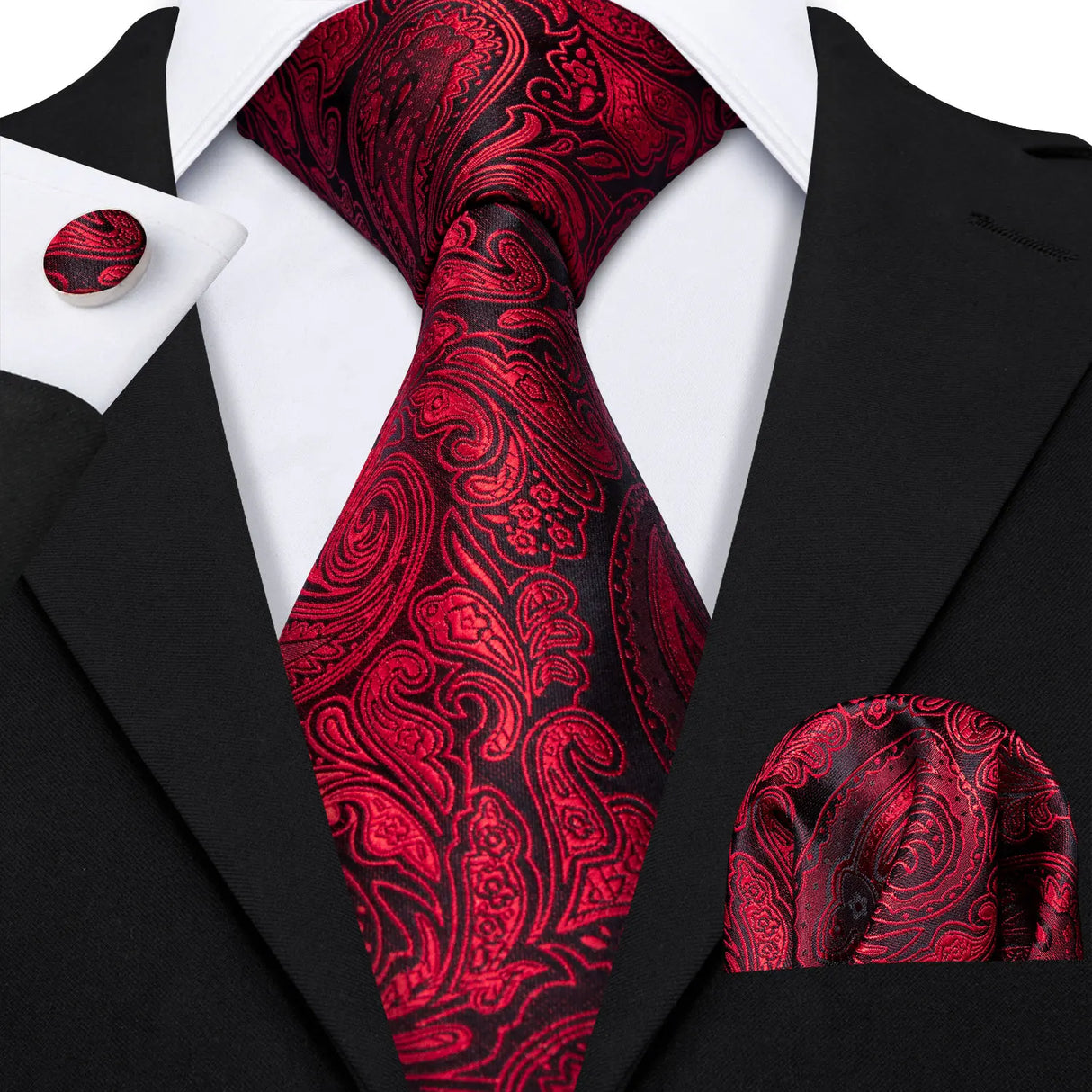 Burgundy Maroon Rose Jacquard Hanky Cufflinks Necktie