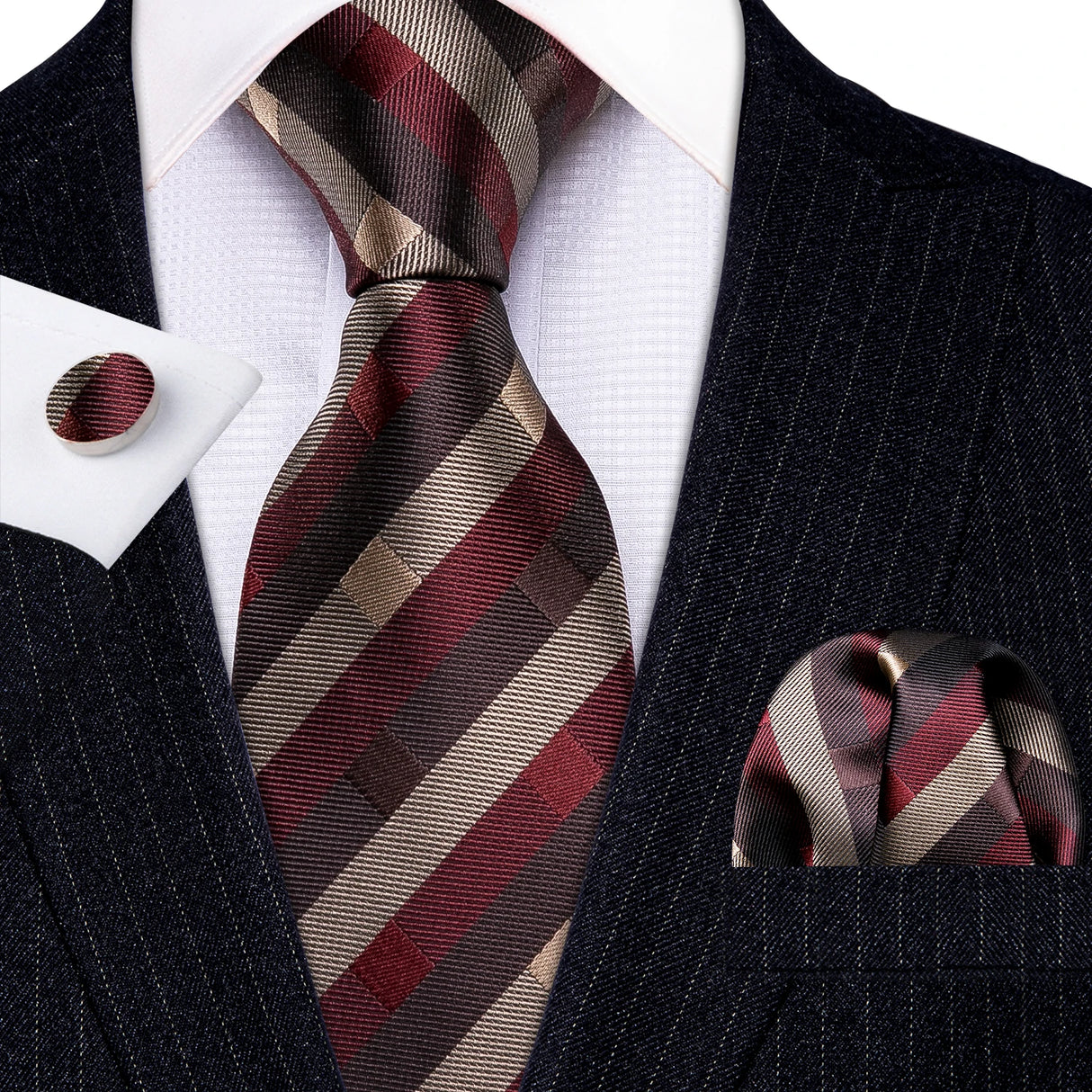 Burgundy Maroon Rose Jacquard Hanky Cufflinks Necktie