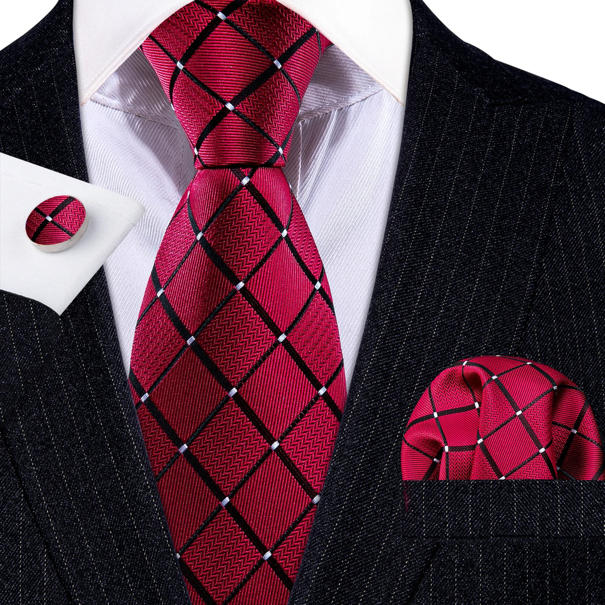 Burgundy Maroon Rose Jacquard Hanky Cufflinks Necktie
