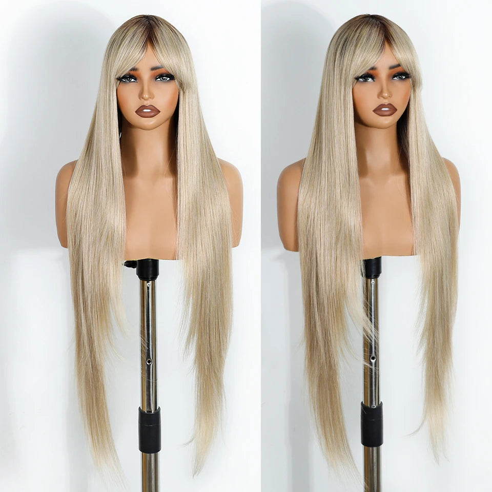 Ash Blonde Burgundy Ombre Brown Long Straight With Bangs Synthetic Wigs