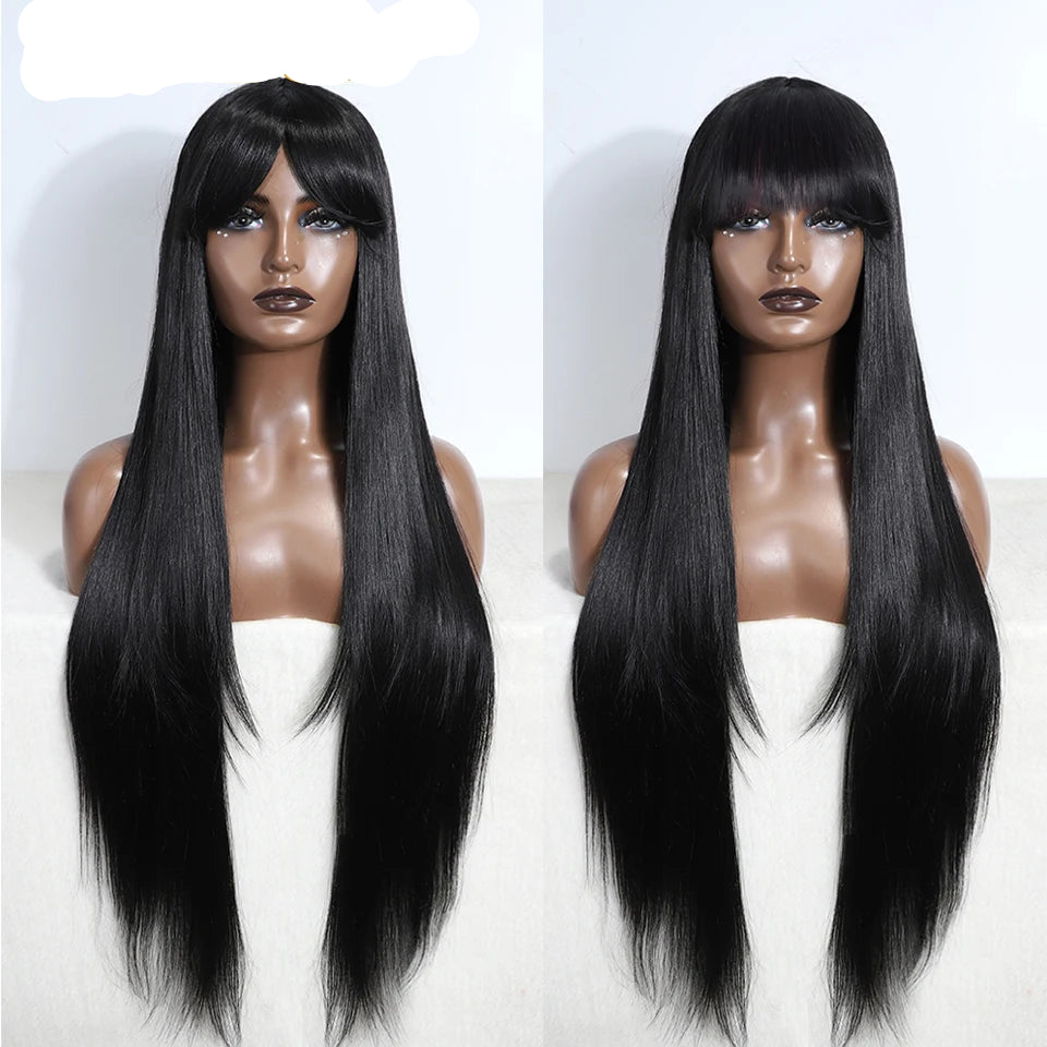 Black Burgundy Ombre Brown Long Straight With Bangs Synthetic Wigs