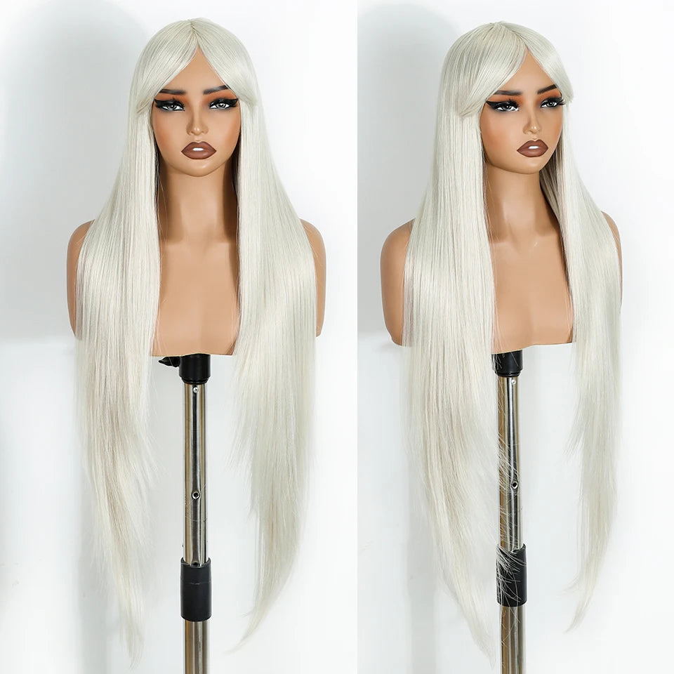 White Burgundy Ombre Brown Long Straight With Bangs Synthetic Wigs
