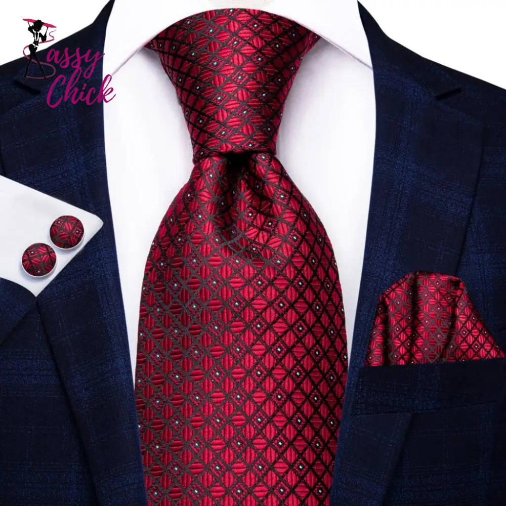 Burgundy Striped Floral Silk Necktie Hanky Cufflinks Sassy Chick Logo
