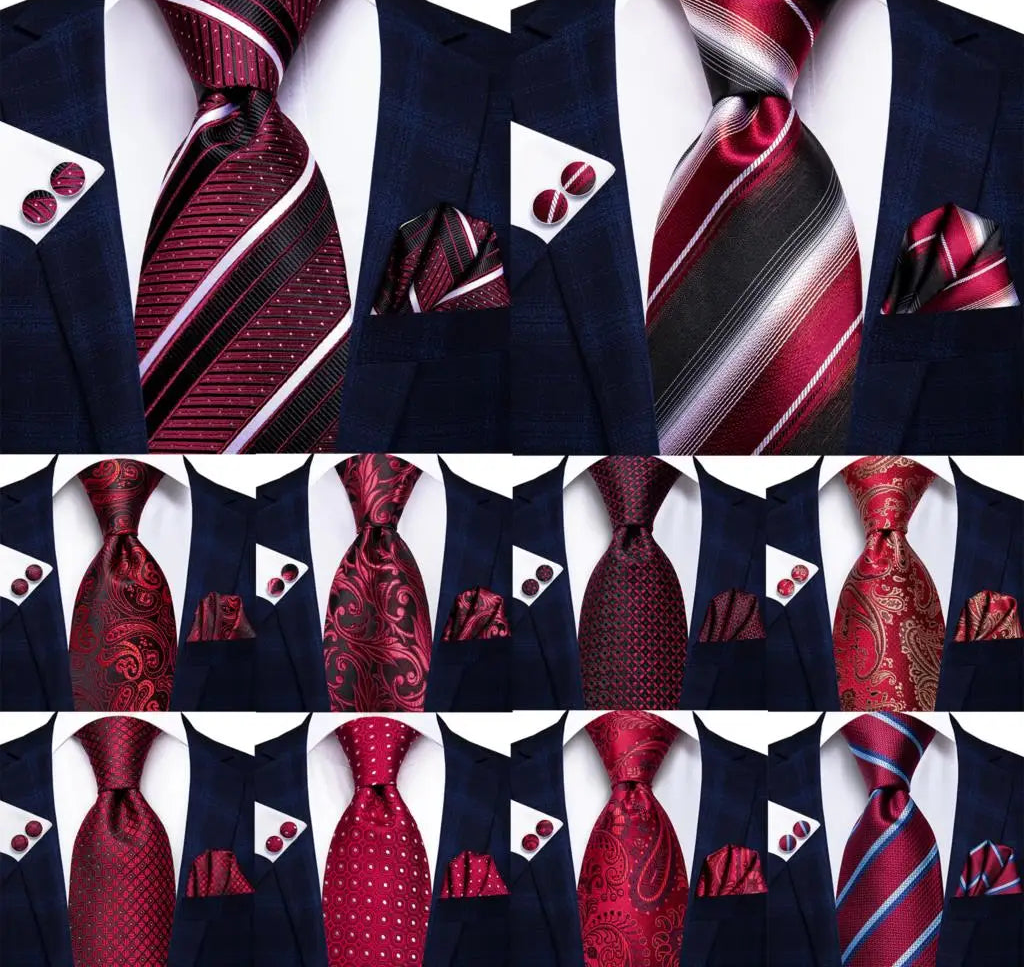 Collection of Burgundy Striped Floral Silk Necktie Hanky Cufflinks