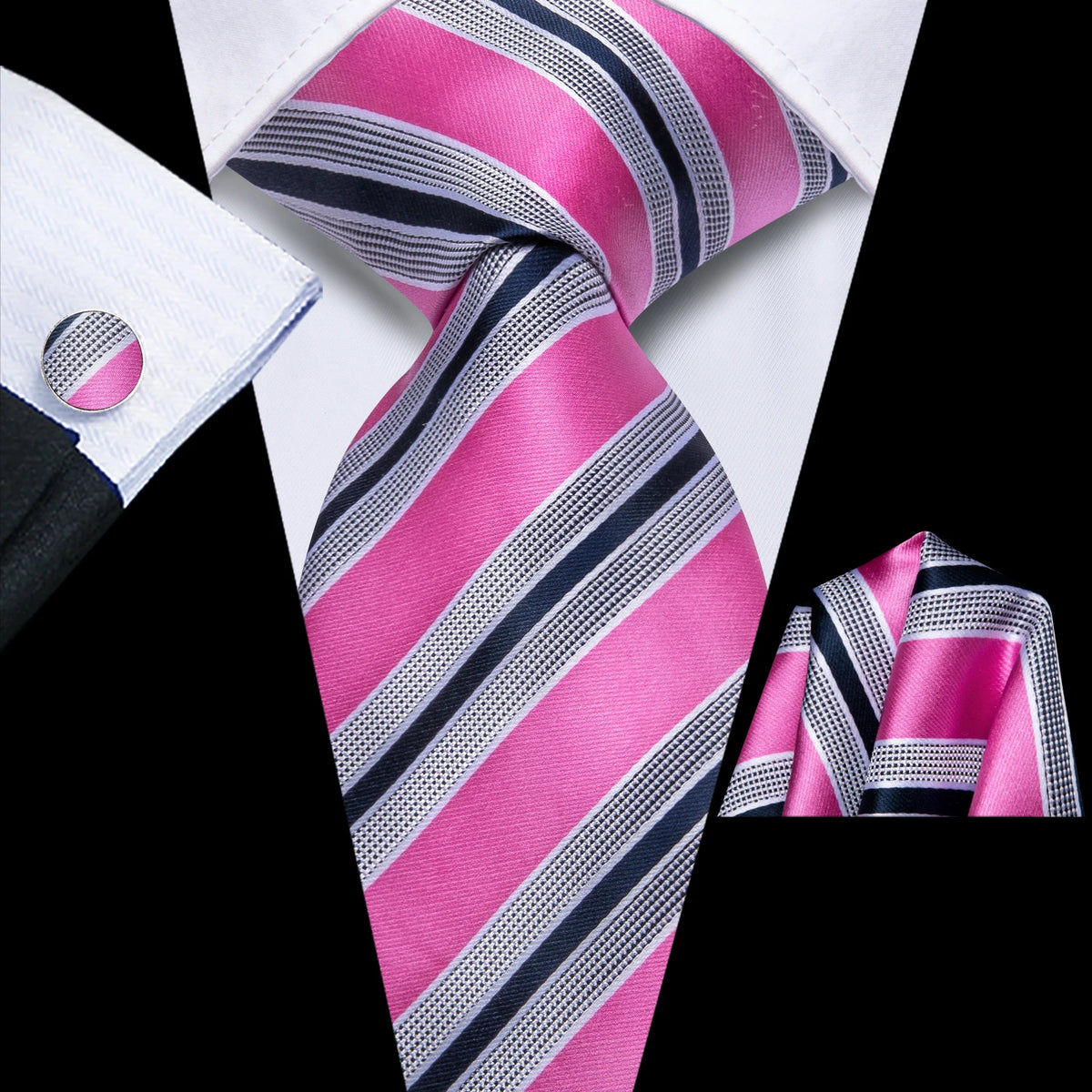 Burgundy Striped Floral Silk Necktie Hanky Cufflinks