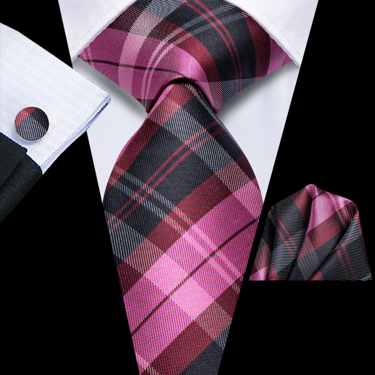 Burgundy Striped Floral Silk Necktie Hanky Cufflinks