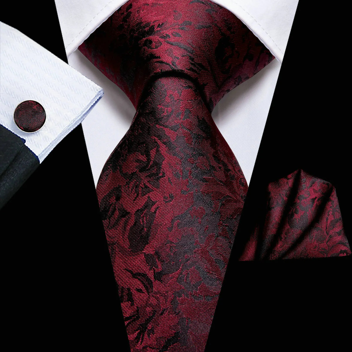 Burgundy Striped Floral Silk Necktie Hanky Cufflinks