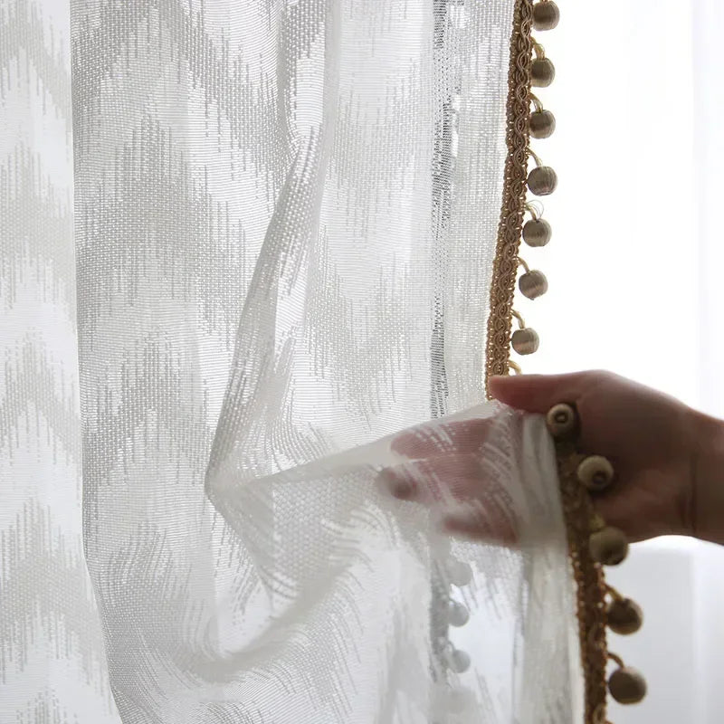 Gray diamond jacquard blackout curtains hanging in a modern living room