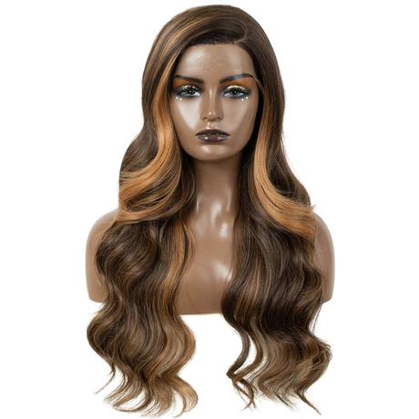 C Part Highlight Body Wave Synthetic Lace Wig brown/ orange