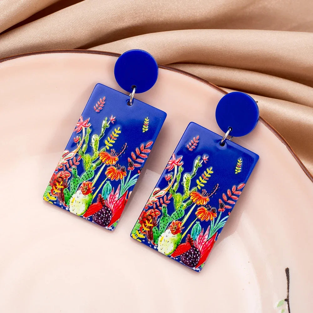 Blue Cactus Leaf Flower Acrylic Women's Earrings